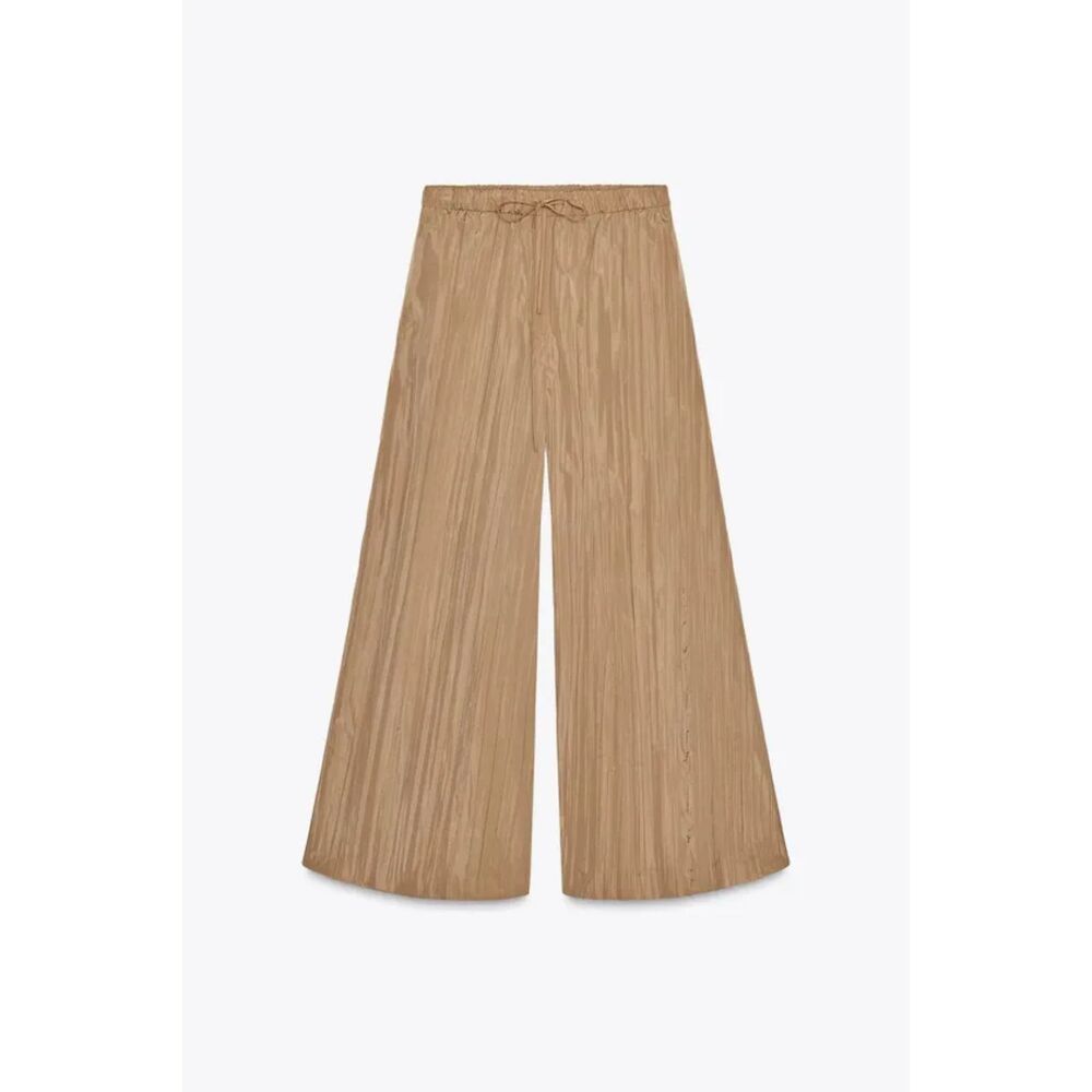 Brown Zara Elastic Drawstring Waist Pleated Crinkled Wide-Leg Pants (NWT)